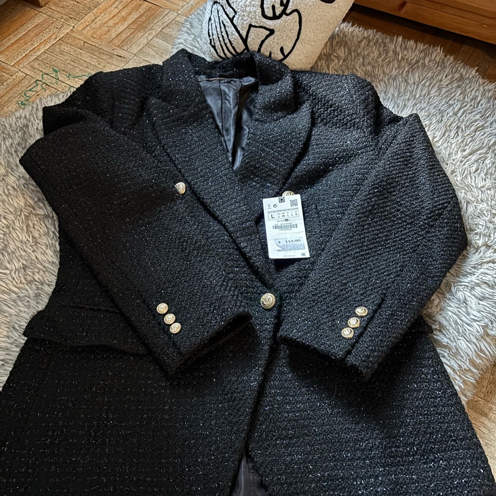 Zara Black Textured Blazer with Gold Buttons
